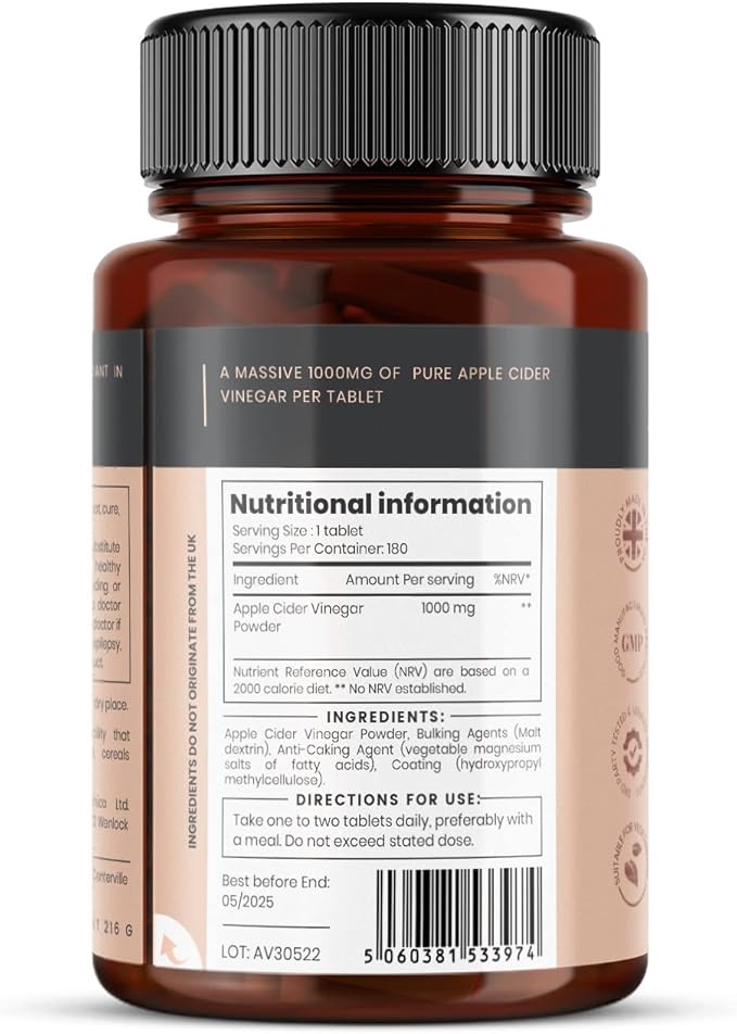 Double Strength Apple Cider Vinegar 1000mg x 360 Tablets (2 Bottles of 180 Tablets - 1 Years Supply)