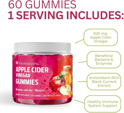 Youngevity Apple Cider Vinegar Gummies 500mg w/Raw ACV from The Mother, Detox Cleanse and Support Immunity, - 60 Gummy Vitamins