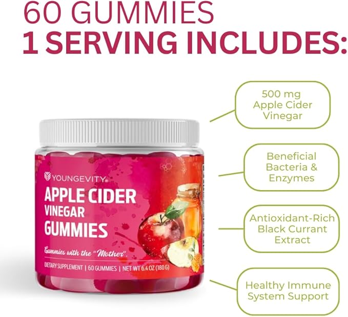 Youngevity Apple Cider Vinegar Gummies 500mg w/Raw ACV from The Mother, Detox Cleanse and Support Immunity, - 60 Gummy Vitamins