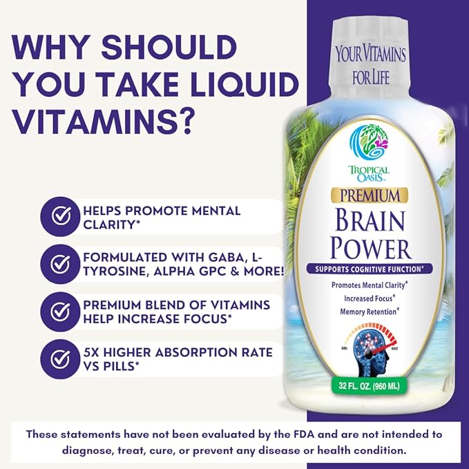 Tropical Oasis - Brain Power | Liquid Nootropic Supplement - Promotes Mental Clarity, Focus, and Memory Retention (Unflavored, 32 Servings)