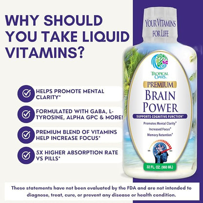 Tropical Oasis - Brain Power | Liquid Nootropic Supplement - Promotes Mental Clarity, Focus, and Memory Retention (Unflavored, 32 Servings)