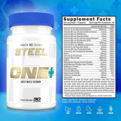 Steel Supplements ONE+ | Once Daily Multivitamin for Men and Women | Mineral Supplement for Immunity and Vitality | Vitamins A B C D E, Biotin, Spectra, Zinc, Magnesium | 30 Day Supply