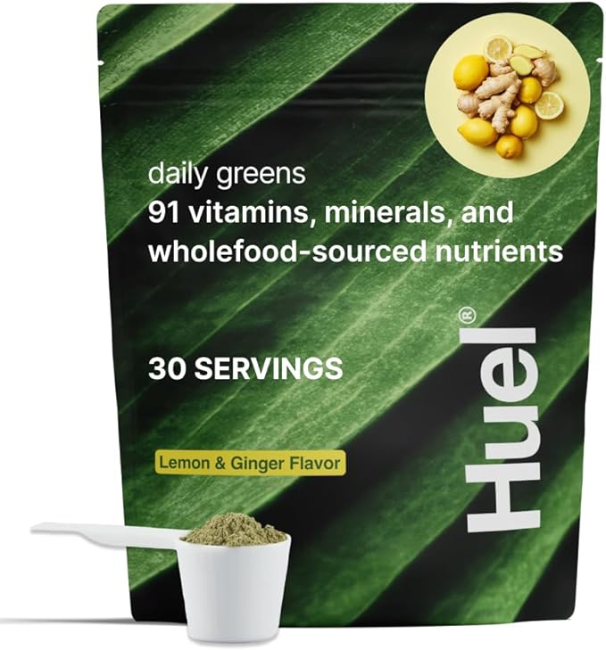 Huel Daily Greens Lemon & Ginger | Superfood Greens Powder | 91 Vitamins, Minerals, and Wholefood-Sourced Ingredients | Adaptogens, Antioxidants, Gut-Friendly Probiotics | 30 Servings