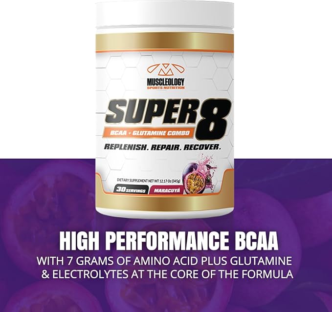 Super 8 High Performance BCAA, Electrolyte & Glutamine Blend Formula - Post-Workout Recovery and Muscle Building Supplement, 30 Serving (Maracuya)