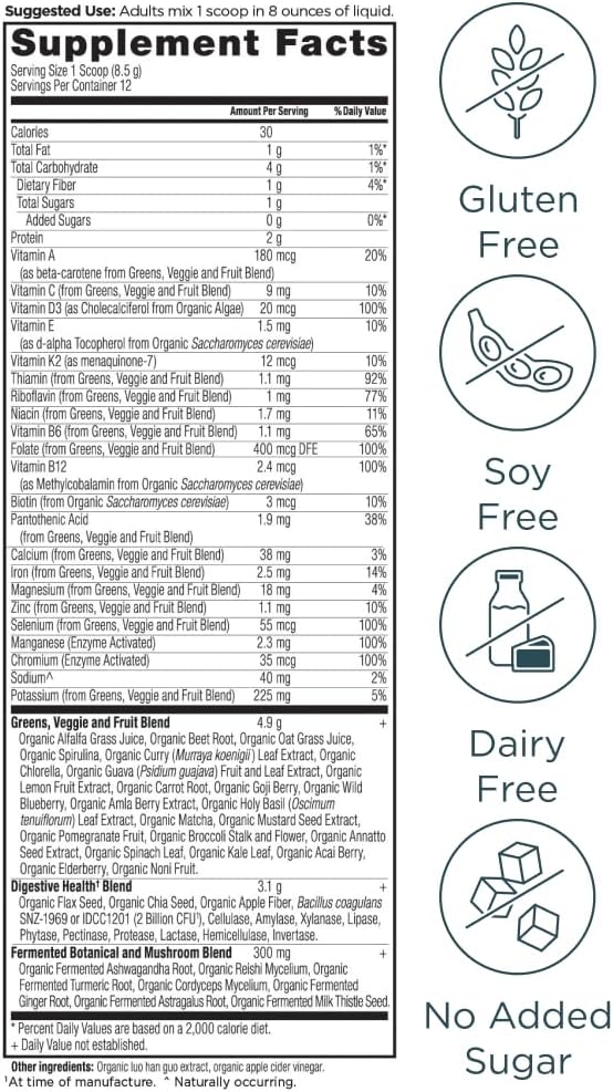 Ancient Nutrition Organic SuperGreens Powder with Probiotics, Organic Multivitamin Greens, Made from Real Fruits, Vegetables and Herbs, Digestive and Energy Support, 12 Servings, 3.6oz