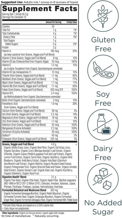 Ancient Nutrition Organic SuperGreens Powder with Probiotics, Organic Multivitamin Greens, Made from Real Fruits, Vegetables and Herbs, Digestive and Energy Support, 12 Servings, 3.6oz