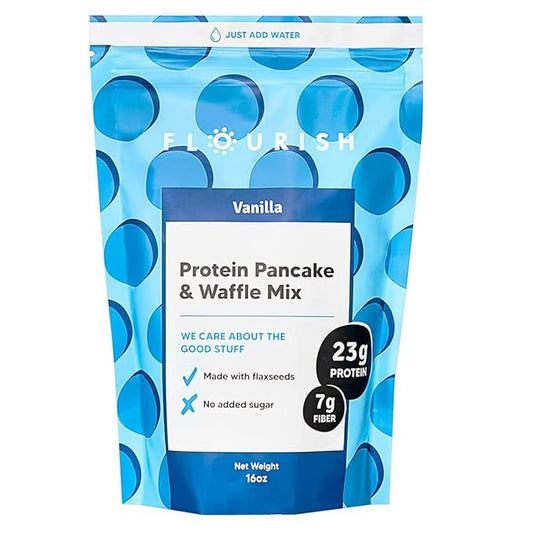 Flourish - Protein Pancake & Waffle Mix, Whey Protein Isolate & Flax Seed, Non-GMO, No Added Sugar, Superfood, High Protein & Fiber, Just Add Water - Vanilla, 16oz