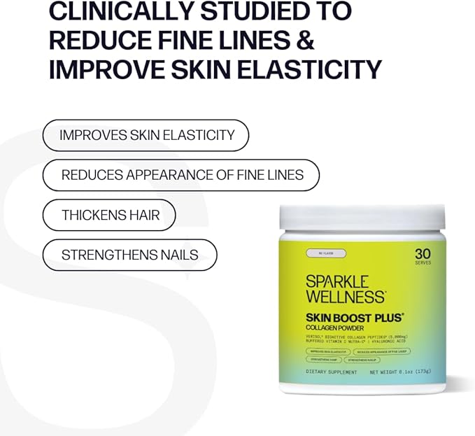 Sparkle Wellness Skin Boost Plus (No Flavor) [30-Serves] | Collagen Powder Supplement with VERISOL Bioactive Hydrolyzed Collagen Peptides, Vitamin C & Hyaluronic Acid to Improve Skin Elasticity