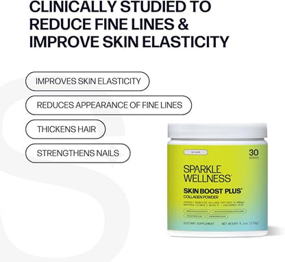 Sparkle Wellness Skin Boost Plus (No Flavor) [30-Serves] | Collagen Powder Supplement with VERISOL Bioactive Hydrolyzed Collagen Peptides, Vitamin C & Hyaluronic Acid to Improve Skin Elasticity
