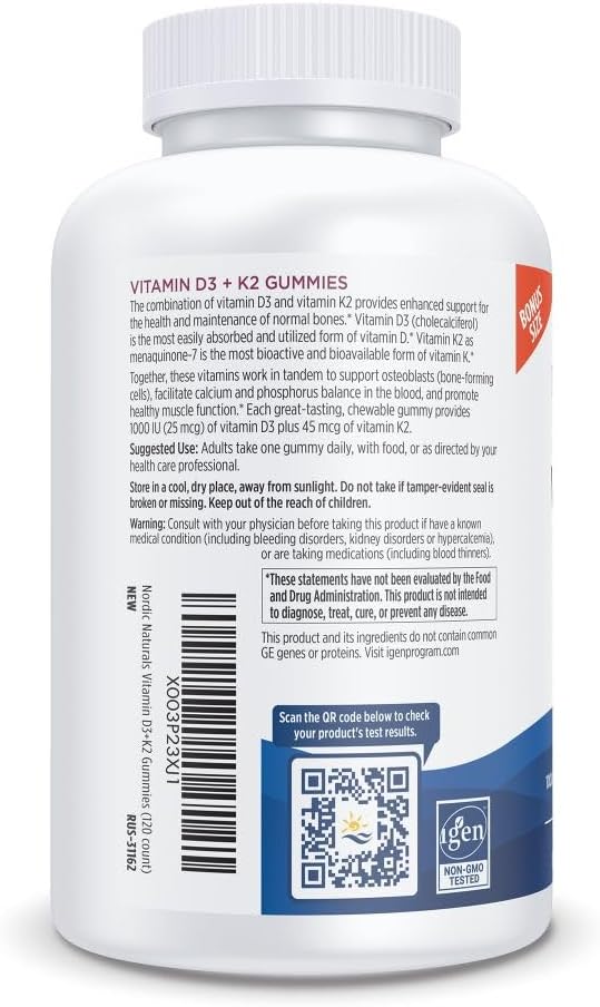 Nordic Naturals Vitamin D3 + K2 Gummies, Pomegranate - 120 Gummies - 1000 IU Vitamin D3 + 45 mcg Vitamin K2 - Great Taste - Bone Health, Promotes Healthy Muscle Function - Non-GMO - 120 Servings