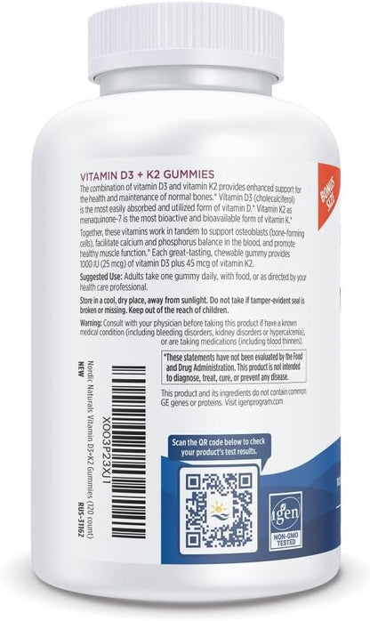 Nordic Naturals Vitamin D3 + K2 Gummies, Pomegranate - 120 Gummies - 1000 IU Vitamin D3 + 45 mcg Vitamin K2 - Great Taste - Bone Health, Promotes Healthy Muscle Function - Non-GMO - 120 Servings