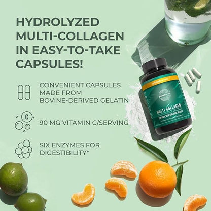 Primal Harvest Multi Collagen Pills for Women and Men (Type I, II, III, V, X) 120 Capsules w/Vitamin C for Hair, Skin, Nails