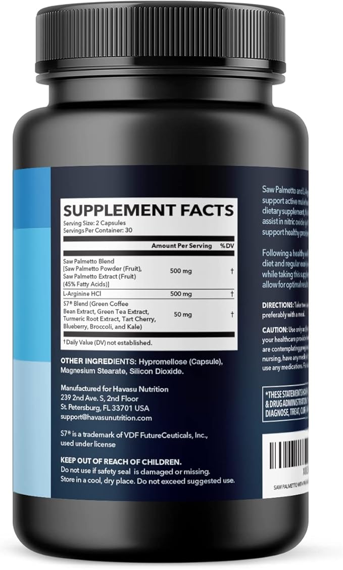 Saw Palmetto for Men with L Arginine Supplement - Hair Health & Male Health Support - L-Arginine Saw Palmetto Supplement with S7 Plant-Based Ingredients - Performance & Endurance - 60 Male Pills