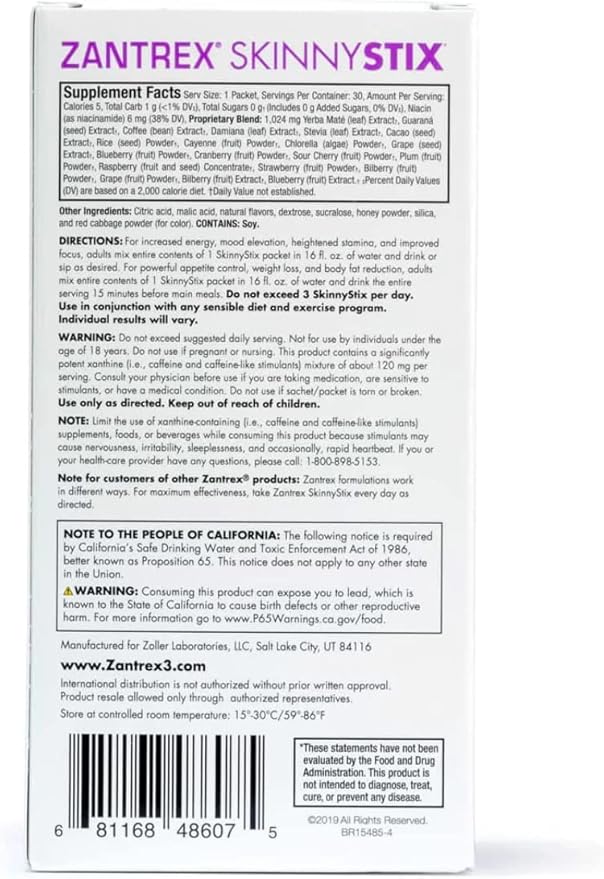 Zantrex SkinnyStix Energy Powder – Lose Weight, GLP-1, Appetite Suppressant, Boost Mood – 10 Calories – Yerba Mate, Coffee Bean – 30 Stix, Berry