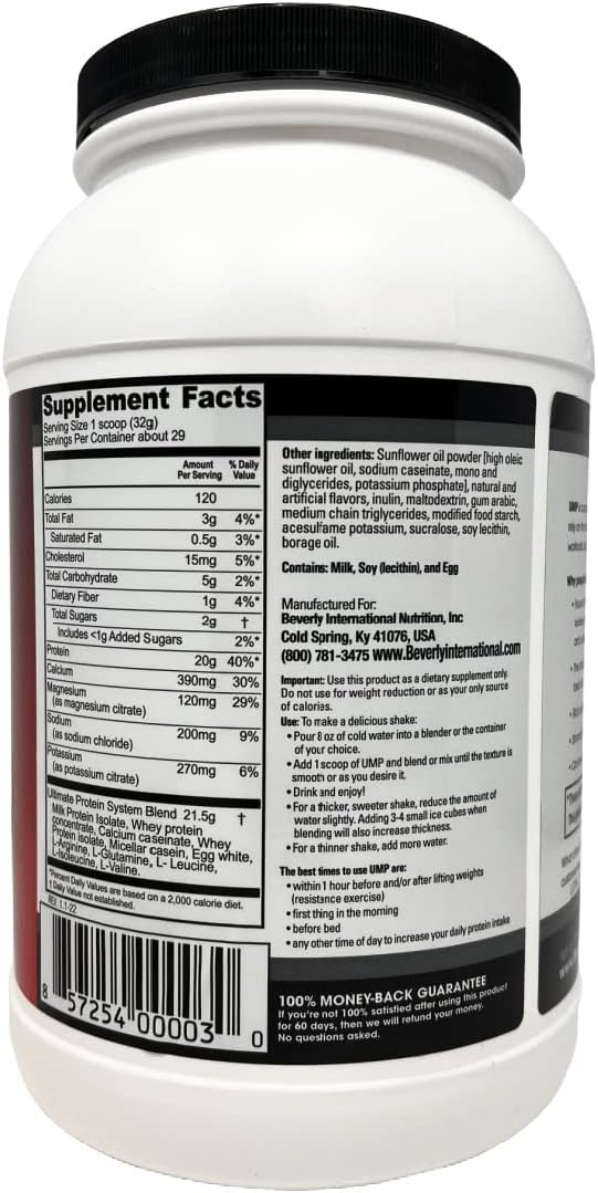 Beverly International UMP Protein Powder, Angel Food Cake. Unique Whey-Casein Ratio Builds Lean Muscle. Easy to Digest. No Bloat. (32.8 oz) 2lb .8 oz