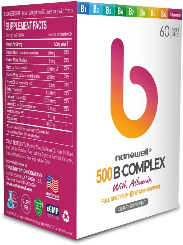 B-Complex 500 with Albumin - Dietary Supplement for Energy & Immune Support - 60 Softgels, 30 Day Supply