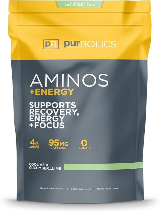 Aminos + Energy | Supports Recovery, Energy & Focus | 95mg of Caffeine, 0 Sugar & 60 Servings (Cool As Cucumber…Lime)