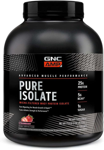 GNC AMP Pure Isolate | Fuels Athletic Strength, Performance and Muscle Growth | Fast Absorbing | 25g Whey Protein Iso with 5g BCAA | Strawberry | 70 Servings