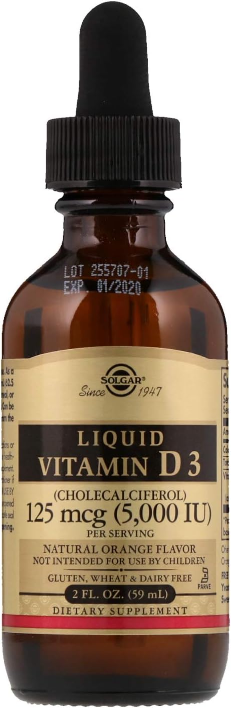 Solgar Liquid Vitamin D3 125 mcg (5,000 IU), 2 fl oz - Delicious, Natural Orange Flavor - Helps Maintain Healthy Bones & Teeth - Immune System Support - Gluten Free, Dairy Free, Kosher - 59 Servings