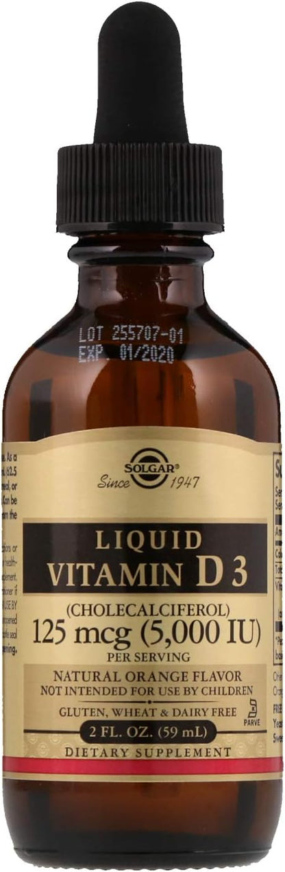 Solgar Liquid Vitamin D3 125 mcg (5,000 IU), 2 fl oz - Delicious, Natural Orange Flavor - Helps Maintain Healthy Bones & Teeth - Immune System Support - Gluten Free, Dairy Free, Kosher - 59 Servings