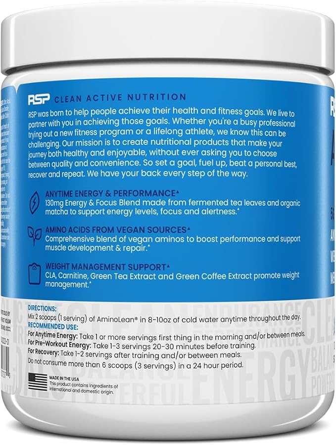 RSP NUTRITION AminoLean Pre Workout Powder, Amino Energy & Weight Management with Vegan BCAA Amino Acids, Natural Caffeine, Preworkout Boost for Men & Women, 30 Serv