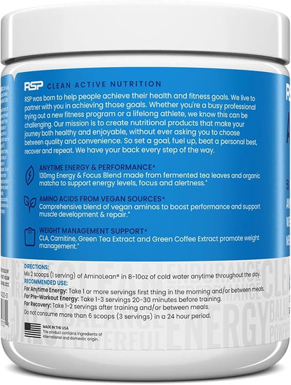 RSP NUTRITION AminoLean Pre Workout Powder, Amino Energy & Weight Management with Vegan BCAA Amino Acids, Natural Caffeine, Preworkout Boost for Men & Women, 30 Serv