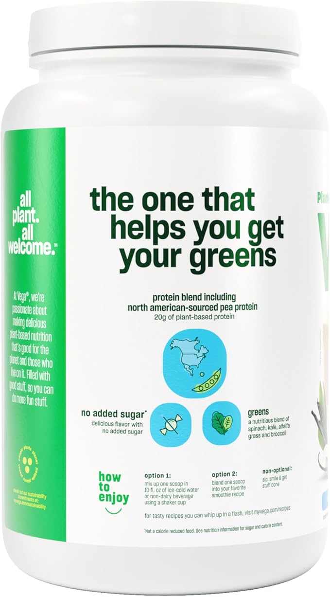 Vega Protein and Greens Protein Powder, Vanilla - 20g Plant Based Protein Plus Veggies, Vegan, Non GMO, Pea Protein for Women and Men, 1.9lbs