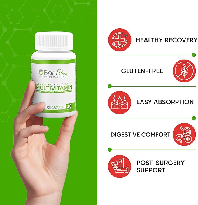 BariSlim Advanced Once Daily Bariatric Multivitamin Capsule - 45 mg of Iron - Bariatric Vitamin for Post Bariatric Surgery Including Gastric Bypass and Gastric Sleeve | 30 Day Supply