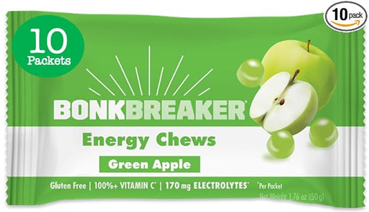 Bonk Breaker Energy Chews, Dairy-Free, Gluten-Free Ingredients to Provide Quick Energy and Focus, 1 Box of 10 Packets, Green Apple