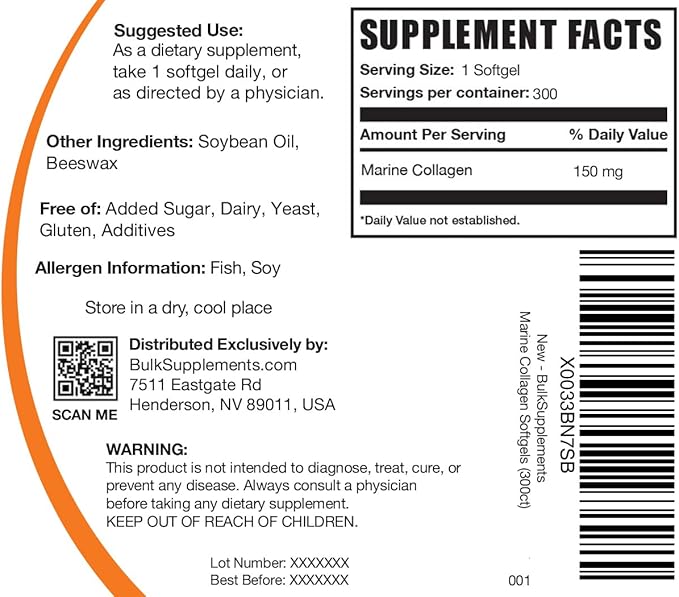 BulkSupplements.com Marine Collagen Softgels - Collagen Supplement, Fish Collagen Pills, Marine Collagen Peptides Pills - Gluten Free, 1 Softgel per Serving (150mg), 300 Softgels