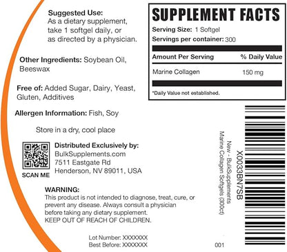 BulkSupplements.com Marine Collagen Softgels - Collagen Supplement, Fish Collagen Pills, Marine Collagen Peptides Pills - Gluten Free, 1 Softgel per Serving (150mg), 300 Softgels
