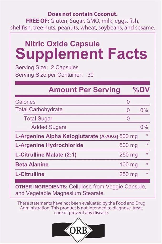 Nitric Oxide Supplement, Boosting Nitric Oxide Production and Blood Pressure, Gluten Free, Non-GMO, Kosher (60)