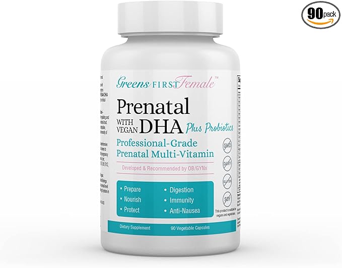 Greens First Female Prenatal Vitamin with Vegan DHA - Pregnancy Multivitamin Supplement - Supports Healthy Fetal Development - Natural Ingredients - with Ginger - 90 Capsules