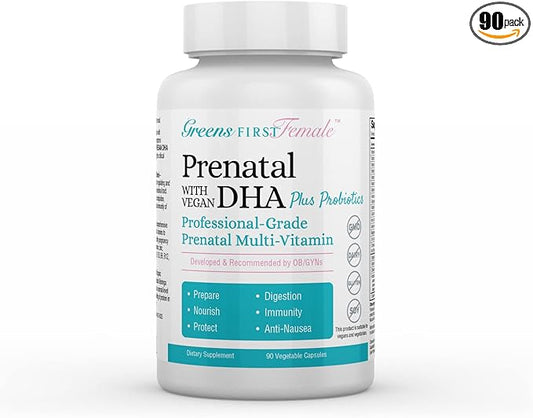 Greens First Female Prenatal Vitamin with Vegan DHA - Pregnancy Multivitamin Supplement - Supports Healthy Fetal Development - Natural Ingredients - with Ginger - 90 Capsules