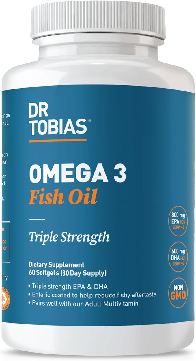 Dr. Tobias Omega 3 Fish Oil, 2000mg Triple Strength Omega 3 Supplement with 800mg EPA 600mg DHA Per Serving, Fish Oil Omega 3 Supplements for Heart, Brain & Immune Support, 60 Softgels, 30 Servings