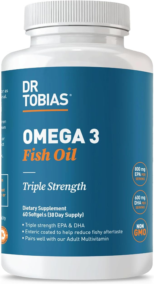 Dr. Tobias Omega 3 Fish Oil, 2000mg Triple Strength Omega 3 Supplement with 800mg EPA 600mg DHA Per Serving, Fish Oil Omega 3 Supplements for Heart, Brain & Immune Support, 60 Softgels, 30 Servings