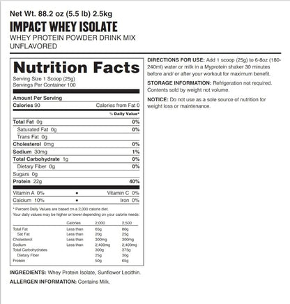 Myprotein Impact Whey Protein Isolate, 5.5 Lbs (81 Servings) Unflavored, 25g Protein, 3.5g Glutamine & 6g BCAA Per Serving