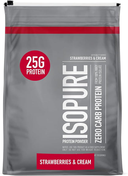 Isopure Protein Powder, Zero Carb Whey Isolate, Gluten Free, Lactose Free, 25g Protein, Keto Friendly, Strawberries & Cream, 110 Servings, 7.5 Pound (Packaging May Vary)