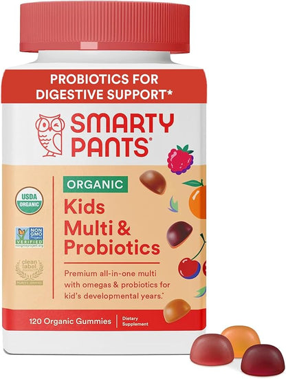 SmartyPants Organic Kids Multivitamin Gummies: Probiotics, Omega 3 (ALA), Vitamin D3, C, Vitamin B12, B6, Vitamin A, K & Zinc for Immune Support, Three Fruit Flavors, 120 Count (30 Day Supply)