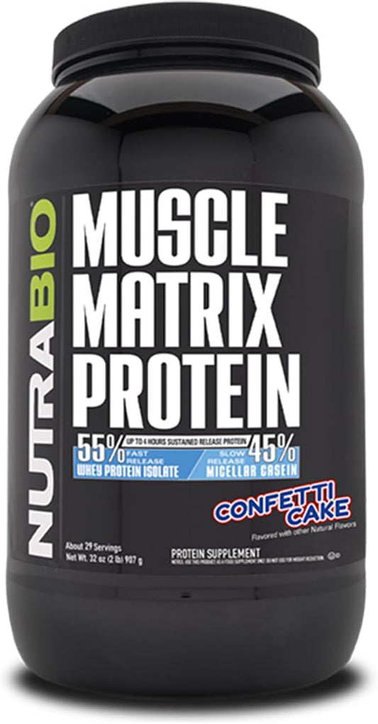 NutraBio Muscle Matrix Protein Powder, Confetti Cake - 25g of Protein Per Scoop - Whey Isolate and Micellar Casein Combo - 2 Pounds, 28 Servings