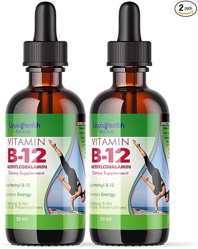 LIQUIDHEALTH Vitamin B12 Methylcobalamin Liquid Drops with Sublingual Hydroxocobalamin - Boost Energy, Support Immune System, Improve Memory & Concentration - Vegan, Sugar Free, Non-GMO (2 Pack)
