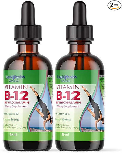LIQUIDHEALTH Vitamin B12 Methylcobalamin Liquid Drops with Sublingual Hydroxocobalamin - Boost Energy, Support Immune System, Improve Memory & Concentration - Vegan, Sugar Free, Non-GMO (2 Pack)