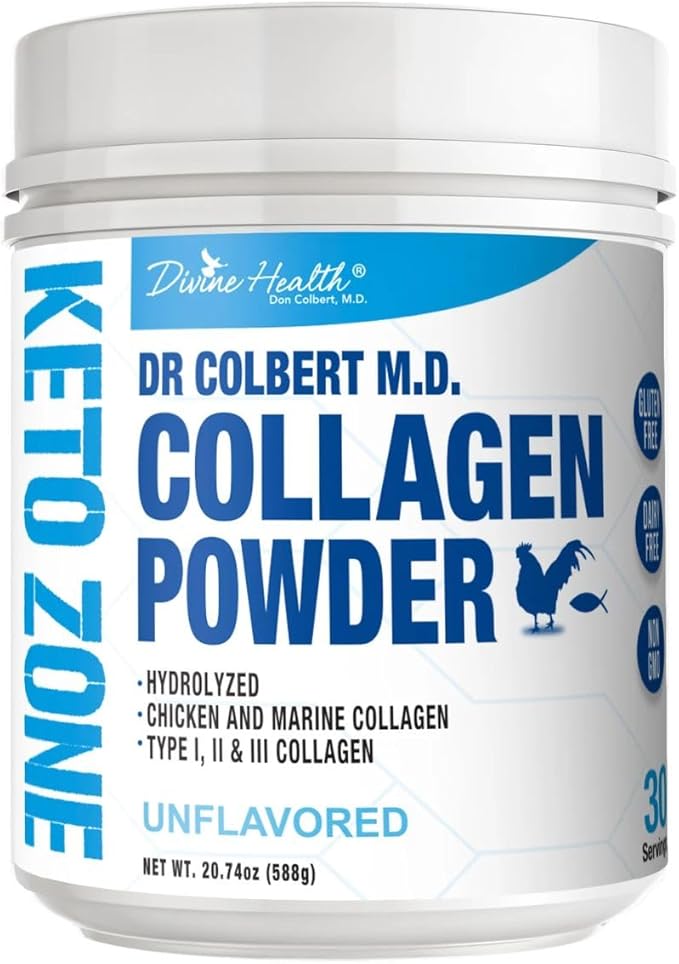 Divine Health Dr. Colbert MD Hydrolyzed Collagen Powder | Unflavored | Chicken & Marine Collagen Peptides | Hair, Skin and Nails Support