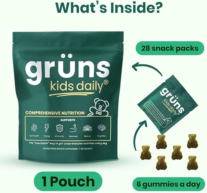 Gruns Kids Super Greens Gummies, Low Sugar - Superfood Gummy Bears with Spirulina, Chlorella & Prebiotics for Digestive Health - Adaptogens Supplement with 20 Vitamins & Minerals -1 Month Supply
