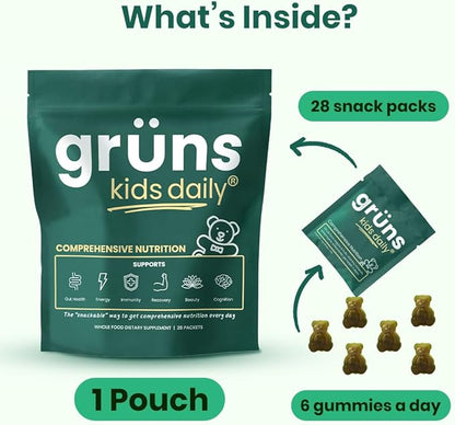 Gruns Kids Super Greens Gummies, Low Sugar - Superfood Gummy Bears with Spirulina, Chlorella & Prebiotics for Digestive Health - Adaptogens Supplement with 20 Vitamins & Minerals -1 Month Supply