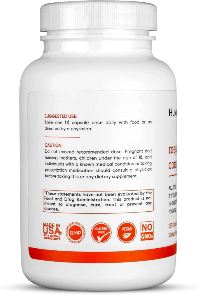 Mega B Complex, B Vitamin Supplement for Immune Support, Nerve Function & Normal Energy Metabolism, Contains Myo-Inositol & Choline for Antioxidant Support, 120 Vegan Capsules