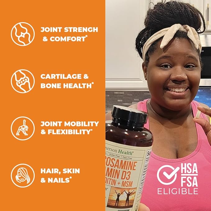 Glucosamine Chondroitin with Vitamin D3, Boswellia, MSM & Bromelain - Joint Health Supplement for Women & Men - Supports Hair, Skin and Nail Health, Strong Bones, and Immune Health. 120 Tablets