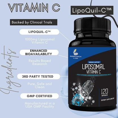Research Labs Liposomal Vitamin C Supplement w/Enhanced Absorption LipoQuil-C™ | 120 Capsules Immune Support Collagen Booster | High Dose Fat Soluble Vita C 1000mg Buffered | Non GMO, Vegan Pills