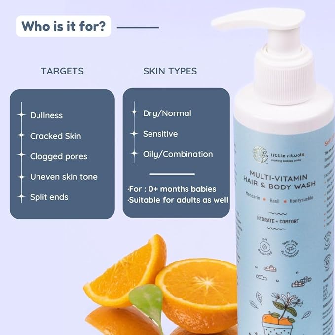 Little Rituals Baby Multi-Vitamin Body & Hair Wash - Tear Free + pH 5.5. Formulated with Best Plant Botanical - Honeysuckle, Basil, Mandarin. Natural, Organic, Dermat Tested(200ml)