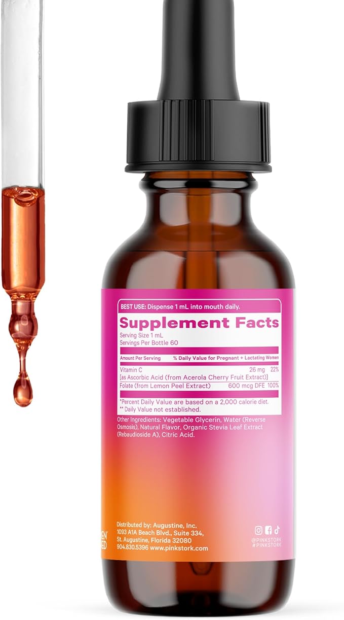 Pink Stork Liquid Folate: Whole-Food Vitamin B9 from Lemon Peels, Natural Folic Acid with Vitamin C, Liquid Prenatal Vitamins for Women, Pregnancy Must Haves, Women-Owned, 2 oz